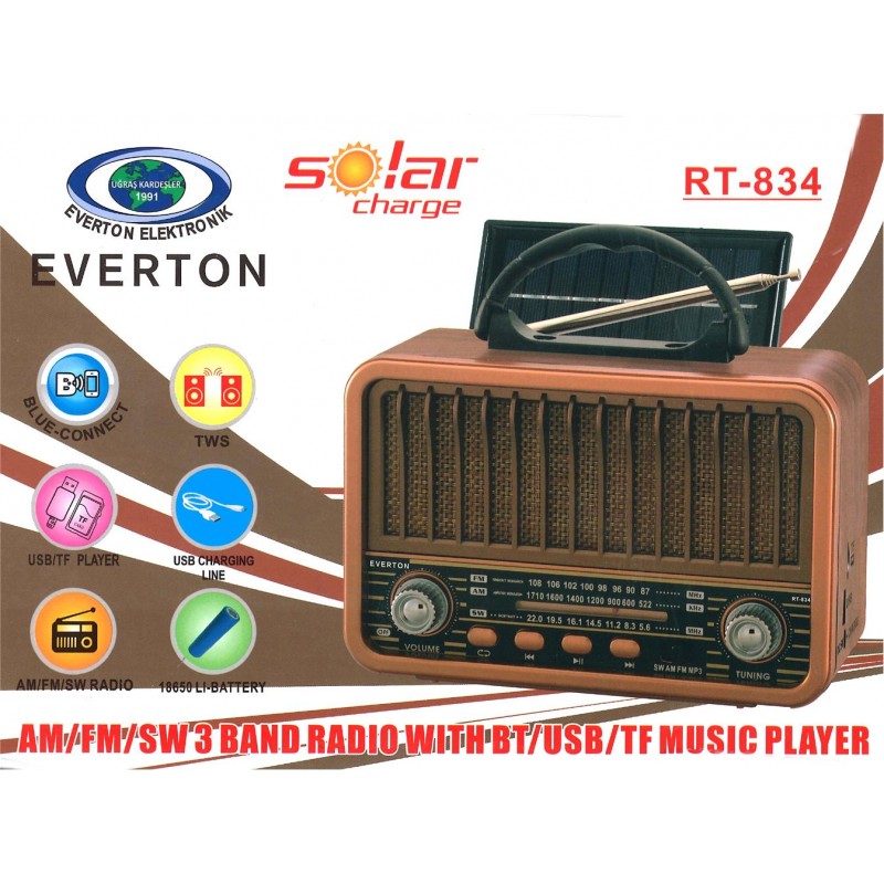 Everton Rt-834 Bluetooth Radyo-TF card-usb-Kumandalı Nostaljik Radyo Solar Güneş Panelli