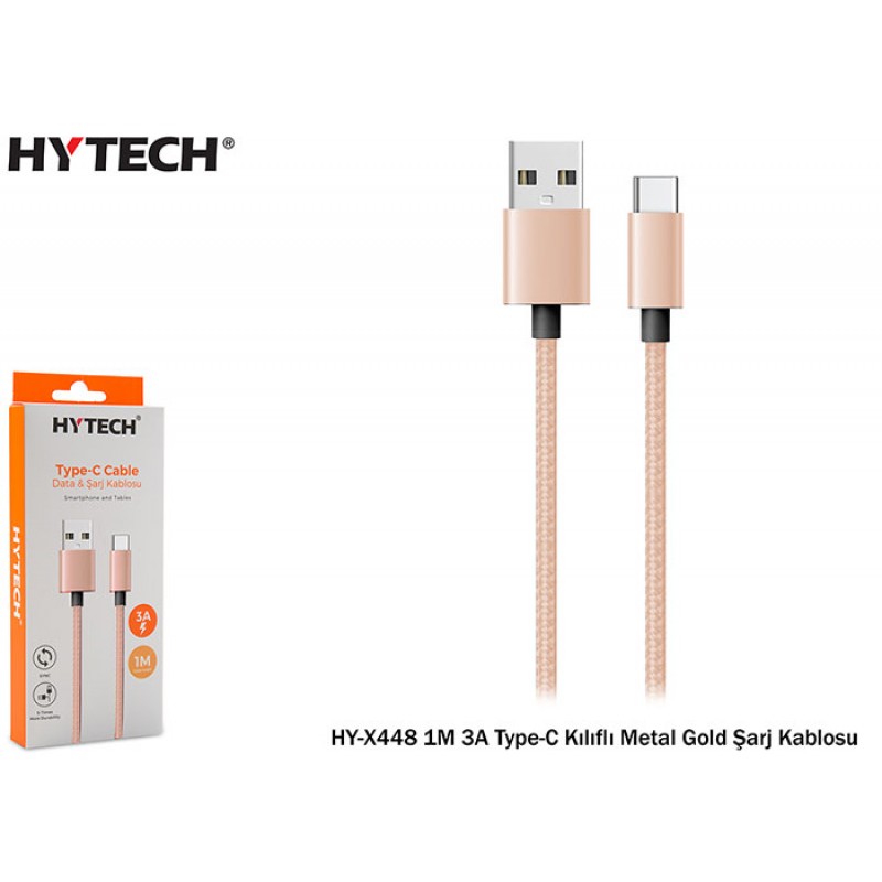 Hytech HY-X448 1M 3A Type-C Kılıflı Metal Gold Şarj Kablosu