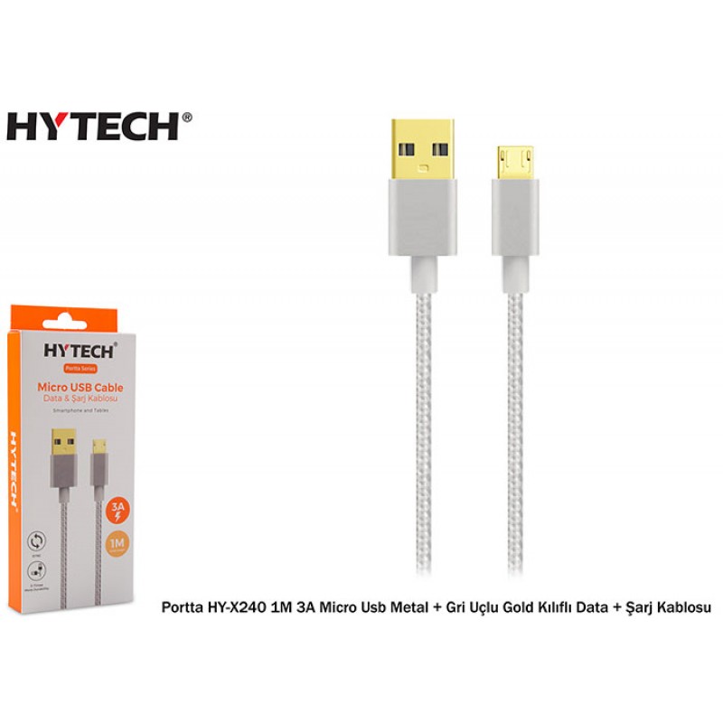 Hytech Portta HY-X240 1M 3A Micro Usb Kılıflı Gri Data + Şarj Kablosu