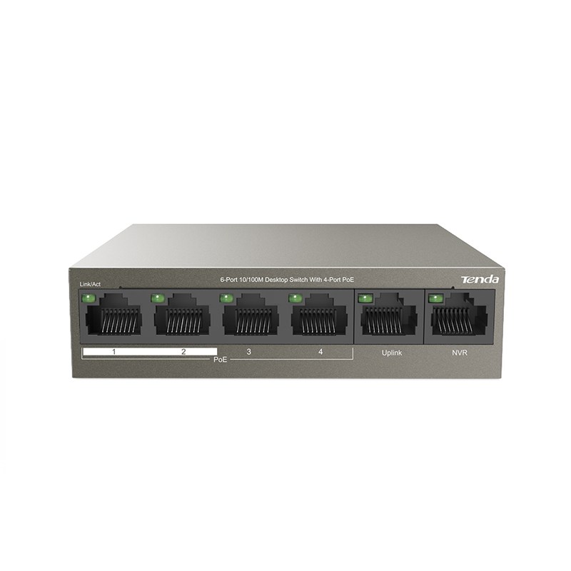 Tenda TEF1106P 6 Port 4 Port Poe+ 10-100 + 2 Port Uplink Switch Çelik Kasa Rack Mount